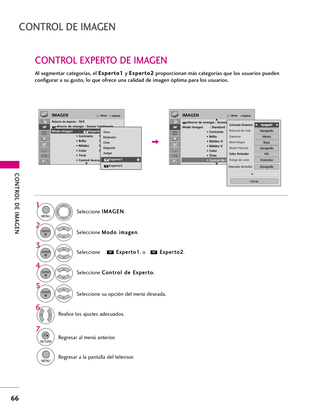 LG Electronics 42PQ30C, 42PQ10, 42PQ31, 50PQ30C, 50PQ31, 50PQ10, 50PS10 Control Experto DE Imagen, Modo imagen Experto1 Vivo 