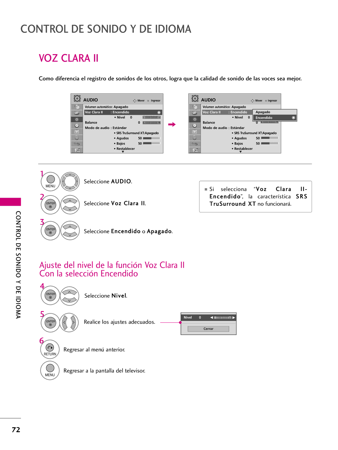 LG Electronics 60PS10, 42PQ10, 42PQ31, 42PQ30C, 50PQ30C, 50PQ31, 50PQ10, 50PS10, 50PS60C Control DE Sonido Y DE Idioma, VOZ Clara 