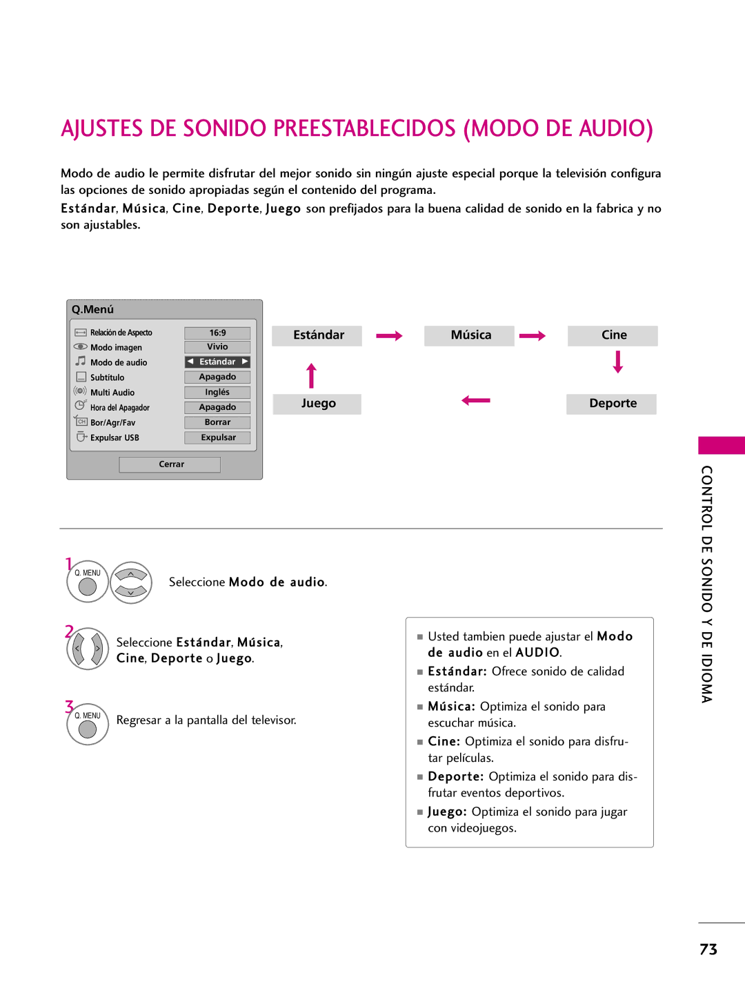 LG Electronics 60PS60C Seleccione Modo de audio, De audio en el Audio, Estándar Ofrece sonido de calidad, Escuchar música 