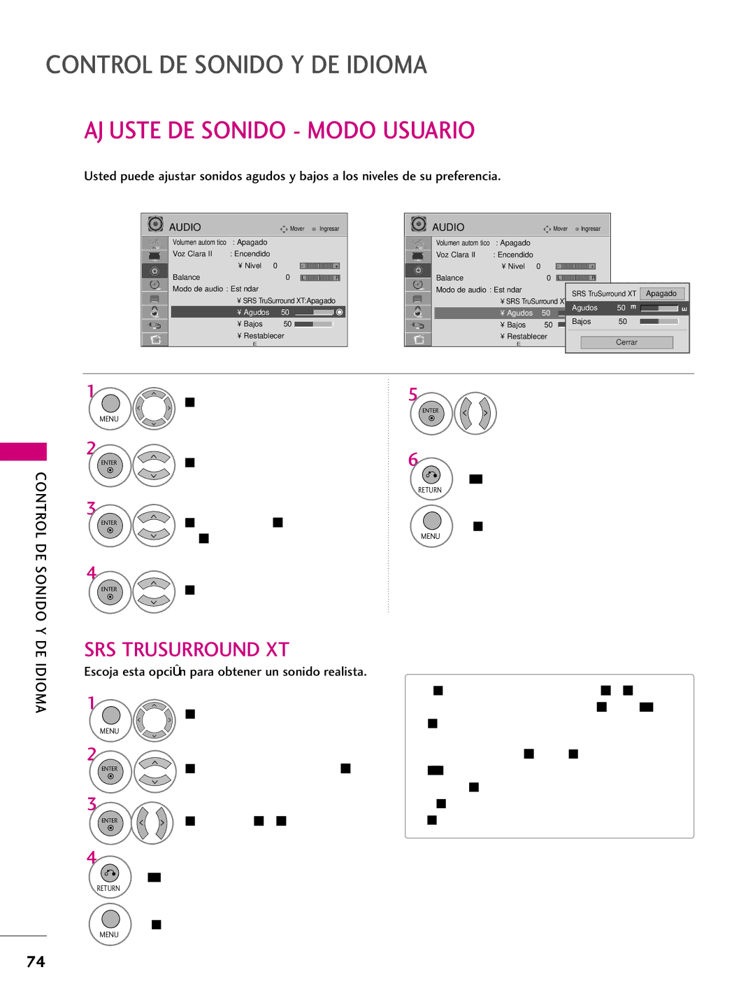 LG Electronics 42PQ10, 42PQ31, 42PQ30C, 50PQ30C, 50PQ31, 50PQ10 Ajuste DE Sonido Modo Usuario, Control DE Sonido Y DE, Idioma 