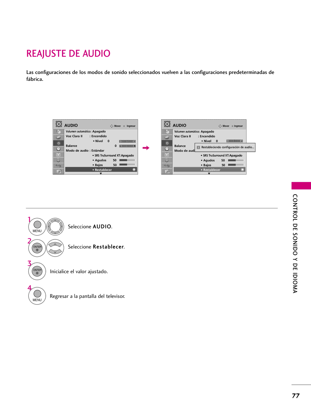 LG Electronics 50PQ30C, 42PQ10, 42PQ31, 42PQ30C, 50PQ31, 50PQ10, 50PS10, 50PS60C, 60PS10, 60PS60C Reajuste DE Audio, Restablecer 