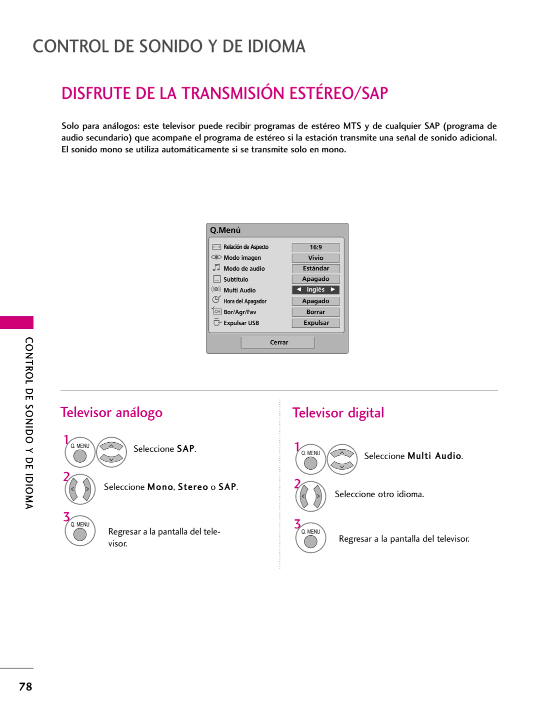 LG Electronics 50PQ31 Disfrute DE LA Transmisión ESTÉREO/SAP, Televisor análogo, Televisor digital, Sonido Y DE Idioma 