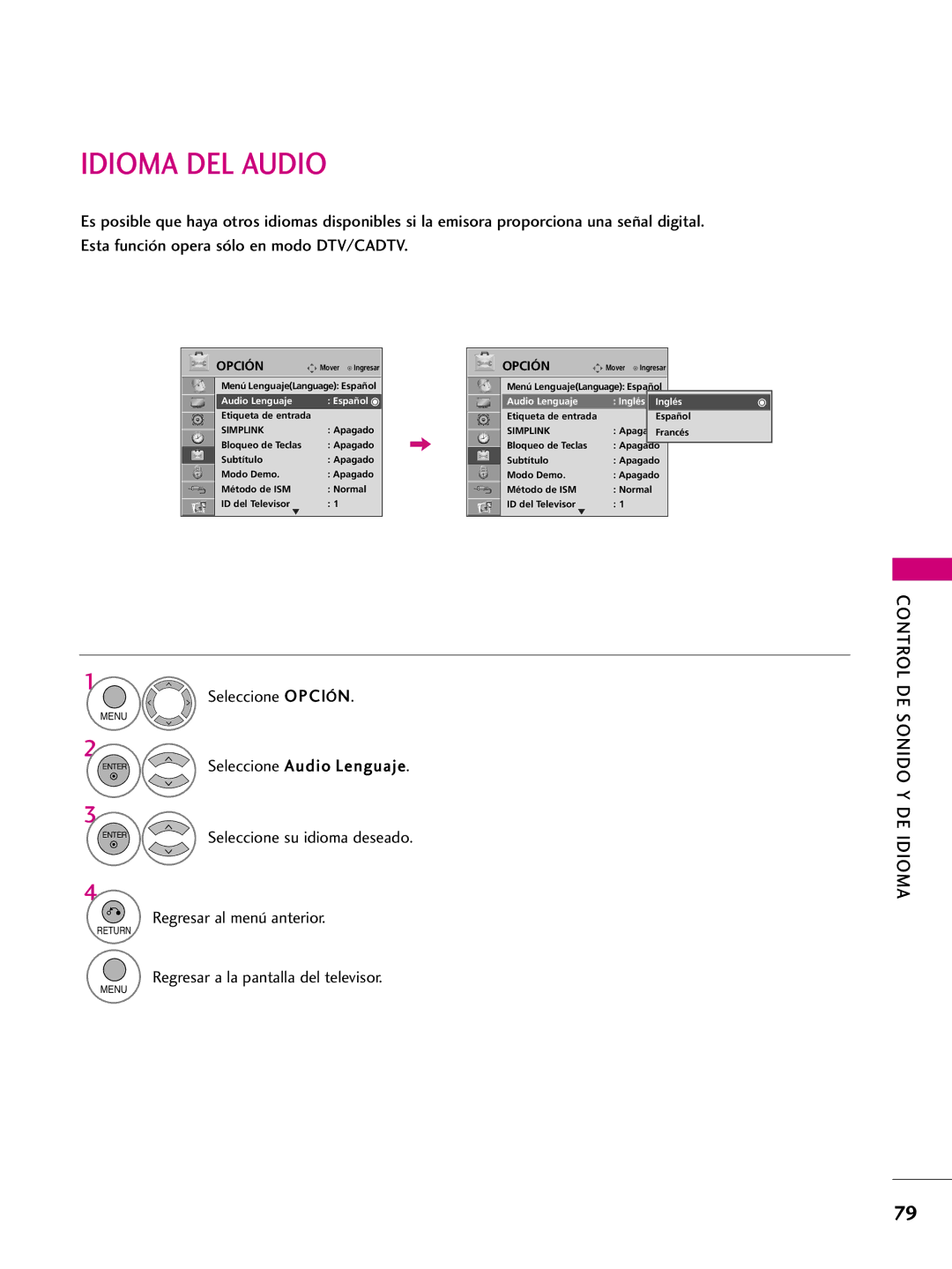 LG Electronics 50PQ10, 42PQ10, 42PQ31, 42PQ30C, 50PQ30C Idioma DEL Audio, Audio Lenguaje Español, Audio Lenguaje Inglés 