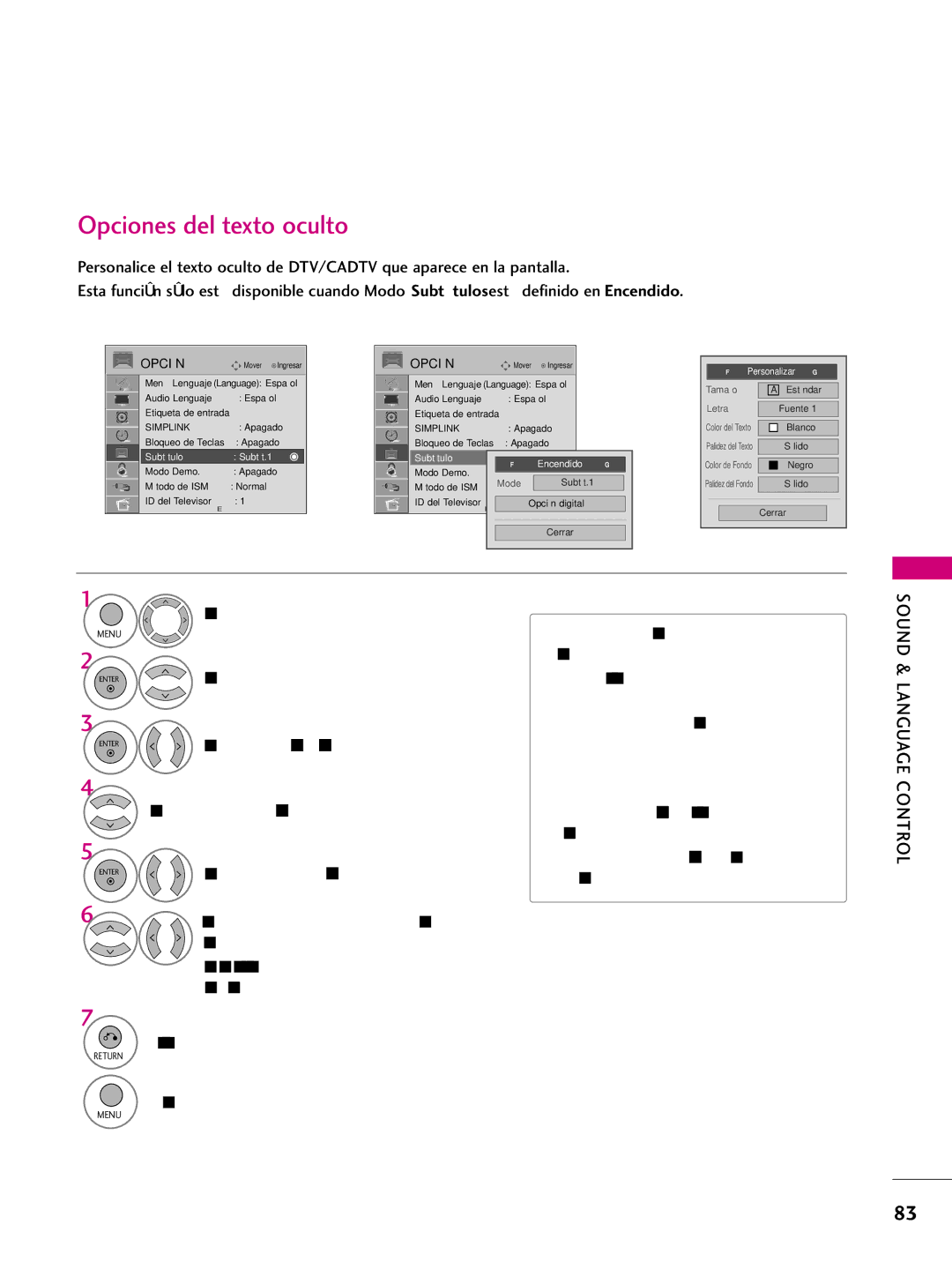 LG Electronics 60PS60C, 42PQ10, 42PQ31, 42PQ30C, 50PQ30C, 50PQ31, 50PQ10, 50PS10, 50PS60C, 60PS10 Opciones del texto oculto 