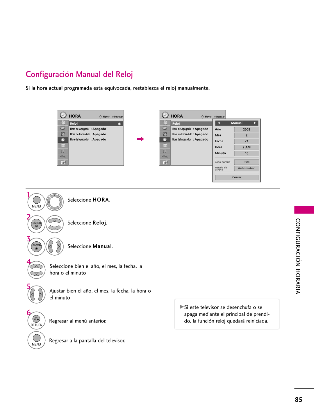 LG Electronics 42PQ31, 42PQ10 Configuración Manual del Reloj, Ajustar bien el año, el mes, la fecha, la hora o El minuto 