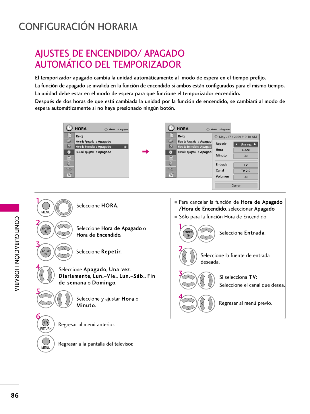 LG Electronics 42PQ30C, 42PQ10, 42PQ31 Configuración Horaria, Ajustes DE ENCENDIDO/ Apagado Automático DEL Temporizador 