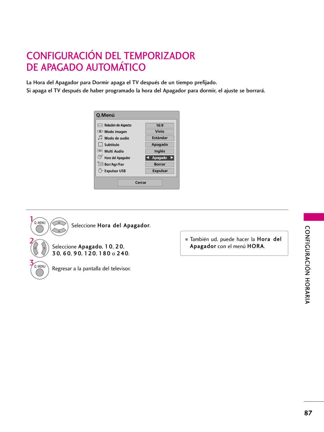 LG Electronics 50PQ30C, 42PQ10, 42PQ31 Configuración DEL Temporizador DE Apagado Automático, Seleccione Hora del Apagador 