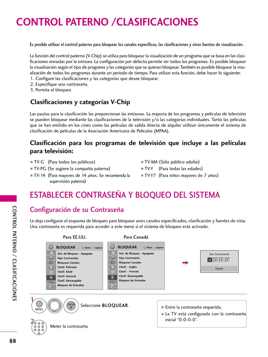 LG Electronics 50PQ31, 42PQ10, 42PQ31, 42PQ30C, 50PQ30C Control Paterno /CLASIFICACIONES, Configuración de su Contraseña 