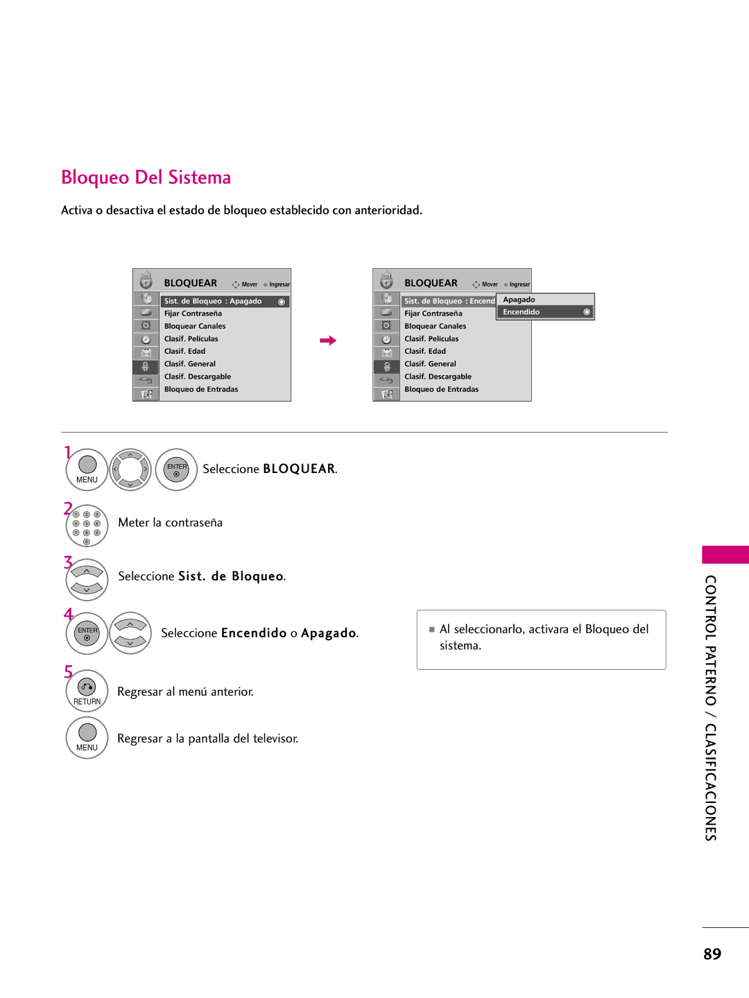 LG Electronics 50PQ10, 42PQ10, 42PQ31 Bloqueo Del Sistema, Seleccione Sist. de Bloqueo, Sistema Regresar al menú anterior 