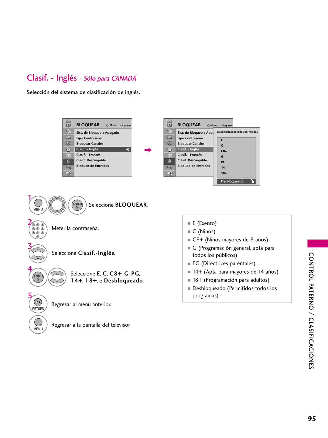 LG Electronics 42PQ31, 42PQ10 Selección del sistema de clasificación de inglés, Seleccione Clasif.-Inglés, Clasif. Inglés 