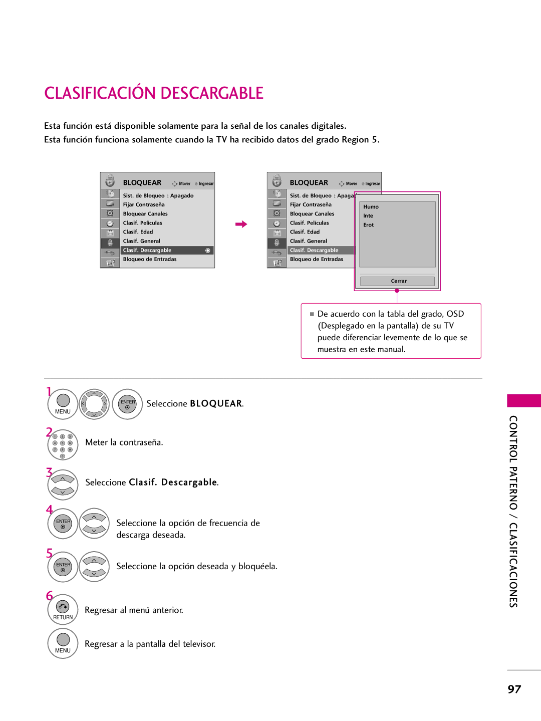 LG Electronics 50PQ30C, 42PQ10, 42PQ31 Clasificación Descargable, Control Paterno, Clasificaciones, Clasif. Descargable 