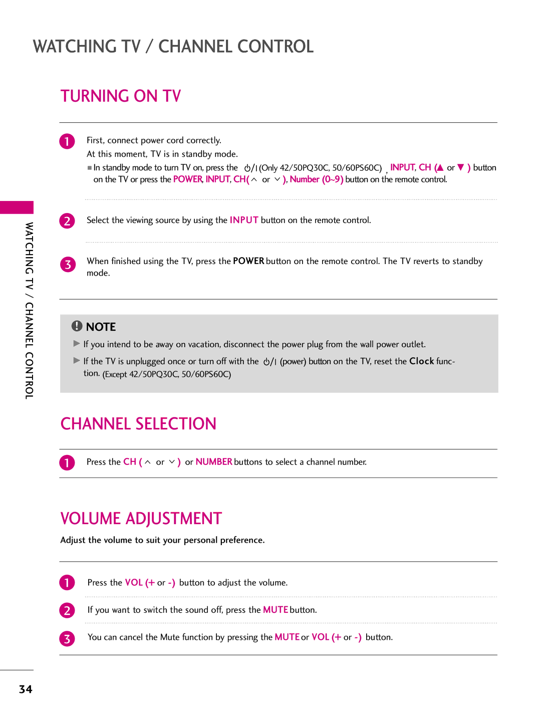 LG Electronics 50PS10 Turning on TV, Channel Selection, Volume Adjustment, Or , Number 0 ~ 9 button on the remote control 