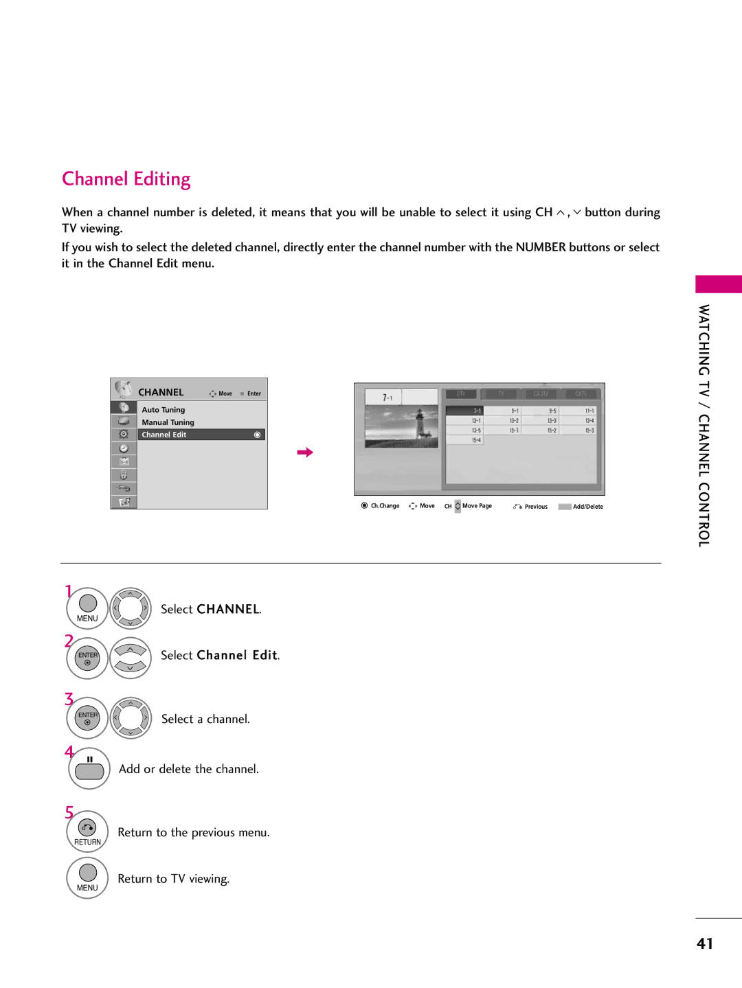 LG Electronics 50PQ30C, 42PQ10, 42PQ31, 42PQ30C, 50PQ31, 50PQ10, 50PS10, 50PS60C, 60PS10, 60PS60C owner manual Channel Editing 