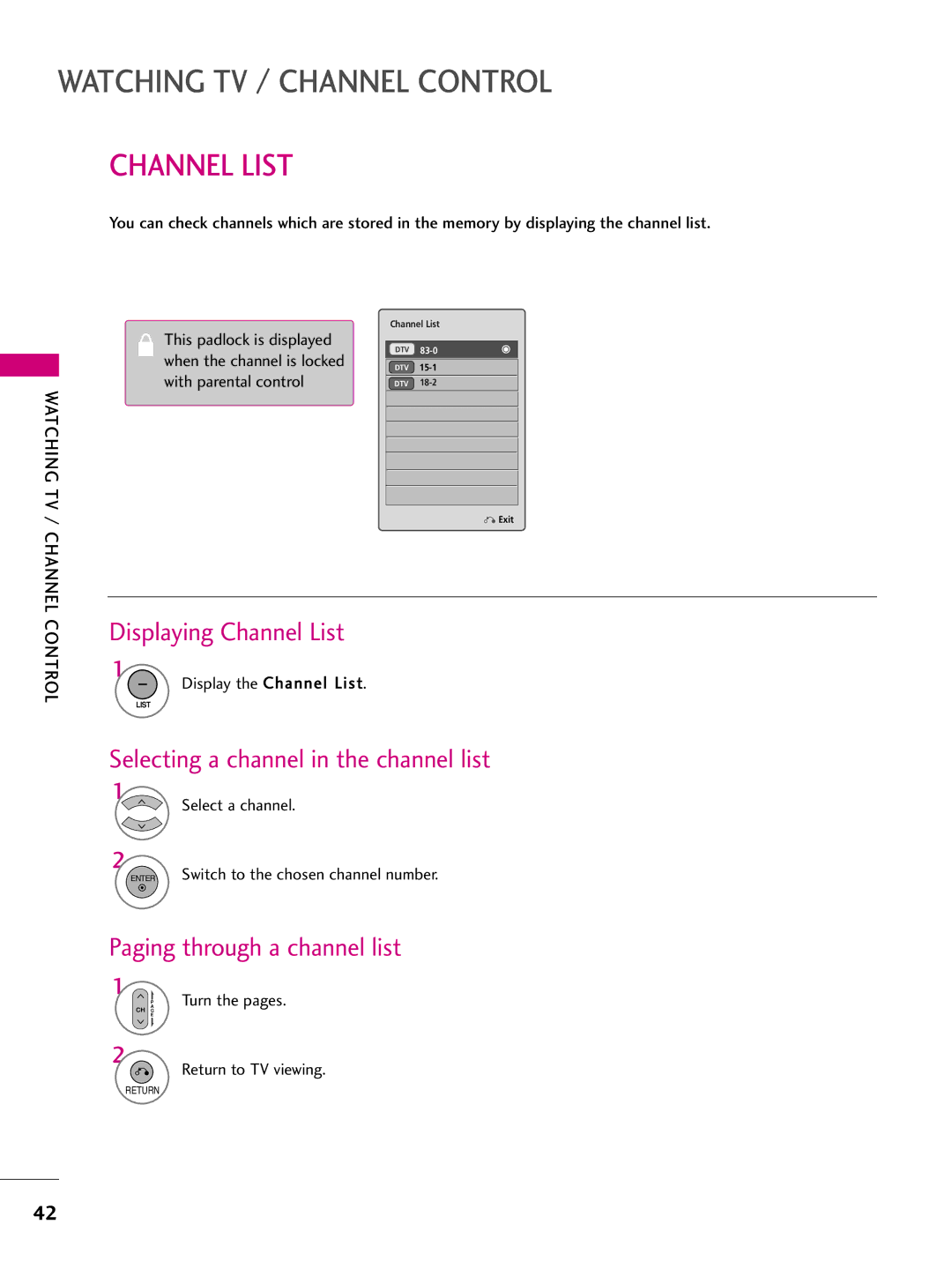 LG Electronics 50PQ31 Displaying Channel List, Selecting a channel in the channel list, Paging through a channel list 