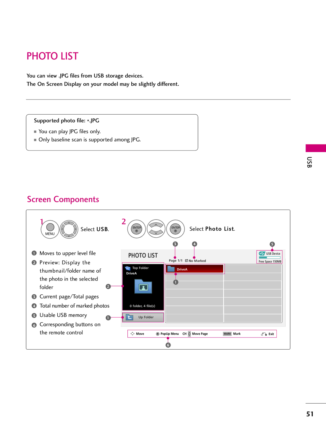 LG Electronics 50PQ30C, 42PQ10, 42PQ31 Photo List, Moves to upper level file Preview Display, Folder2, Usable USB memory 