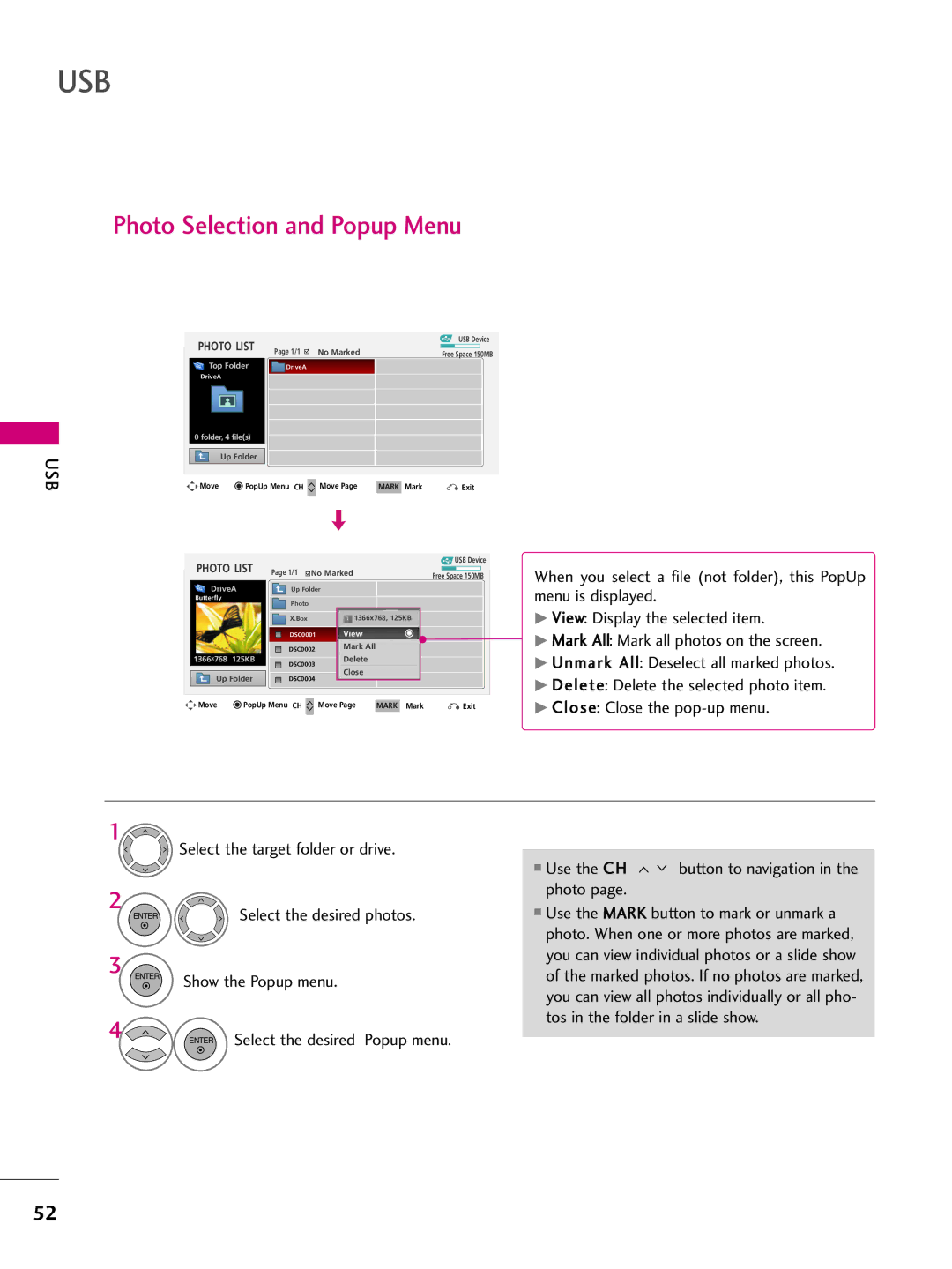 LG Electronics 50PQ31, 42PQ10, 42PQ31 Usb, Photo Selection and Popup Menu, Select the desired photos, Show the Popup menu 