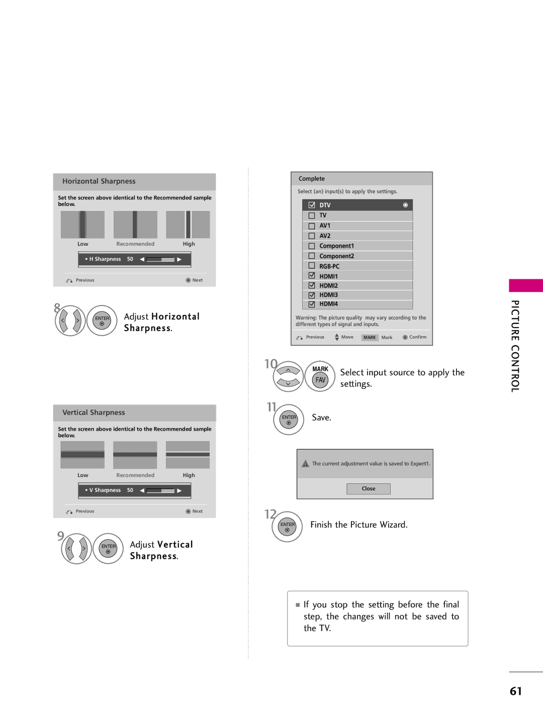 LG Electronics 50PQ30C, 42PQ10, 42PQ31, 42PQ30C Enter Adjust Horizontal Sharpness, Select input source to apply the settings 