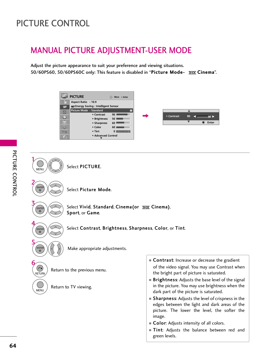 LG Electronics 50PS10, 42PQ10 Manual Picture ADJUSTMENT-USER Mode, Select Picture Mode Select Vivid, Standard, Cinemaor 