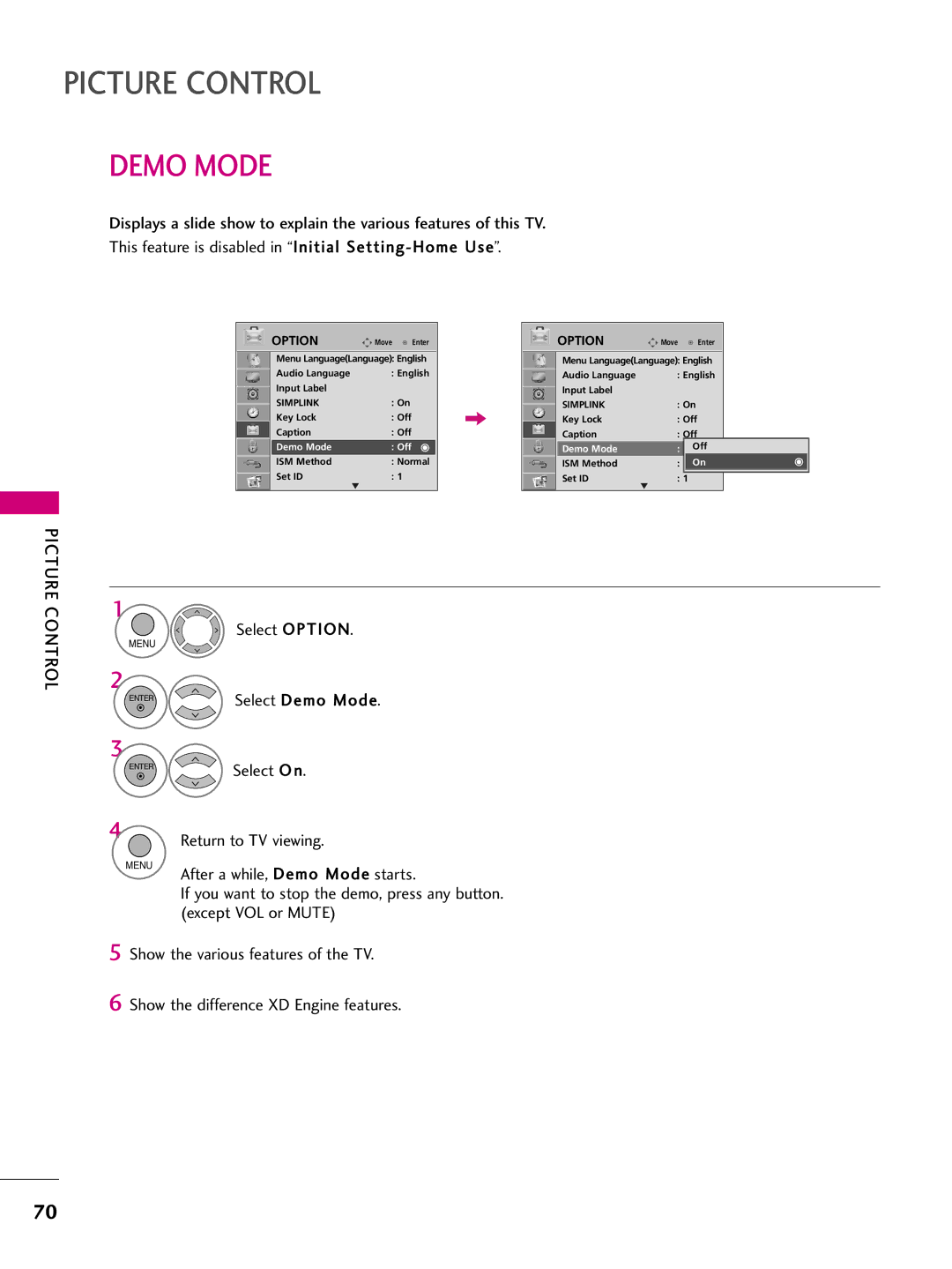 LG Electronics 42PQ30C, 42PQ10, 42PQ31, 50PQ30C, 50PQ31, 50PQ10, 50PS10, 50PS60C, 60PS10, 60PS60C owner manual Demo Mode Off 