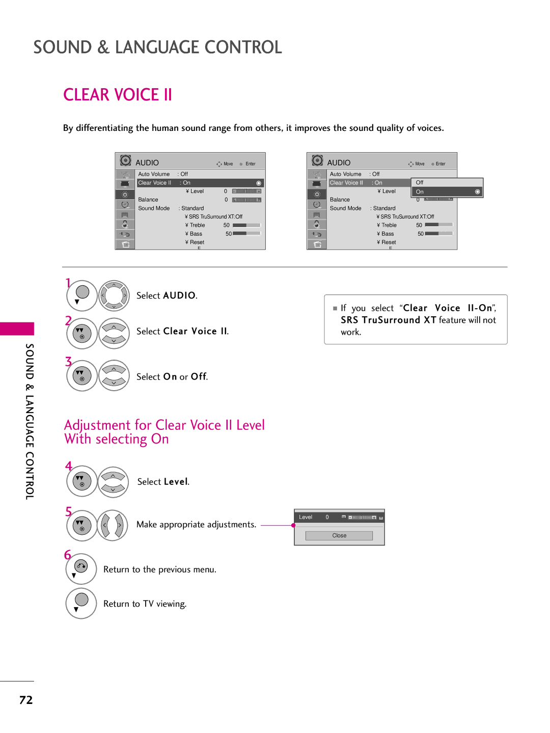 LG Electronics 50PQ31, 42PQ10, 42PQ31 Sound & Language Control, Adjustment for Clear Voice II Level With selecting On 