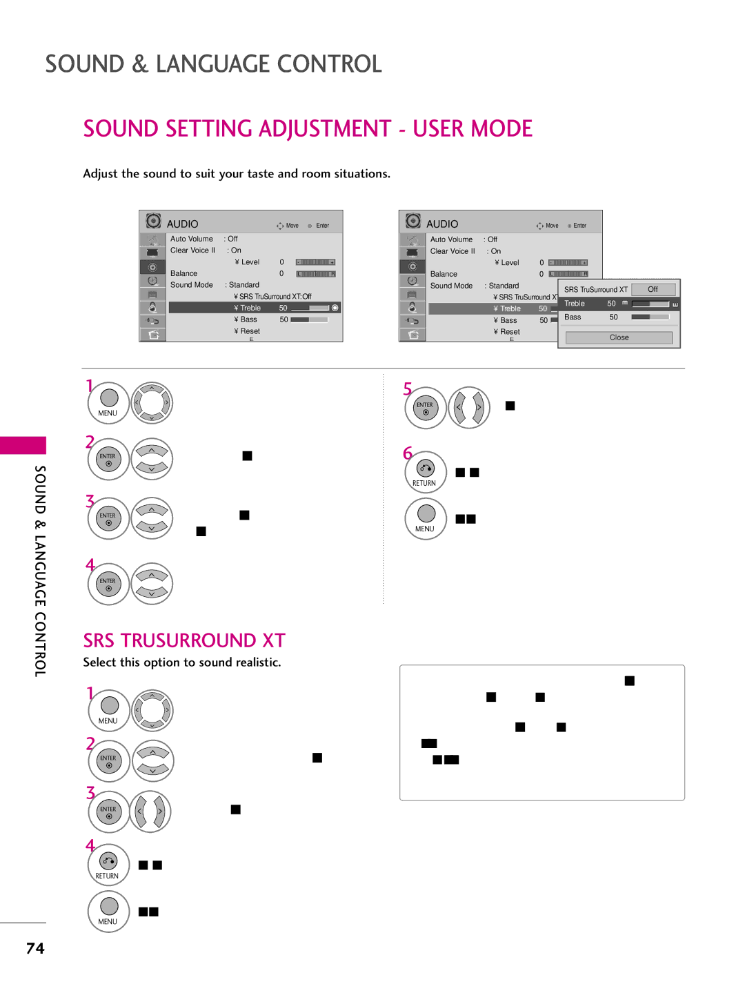 LG Electronics 50PS10, 42PQ10, 42PQ31, 42PQ30C, 50PQ30C, 50PQ31, 50PQ10 Sound Setting Adjustment User Mode, Sound & Language 