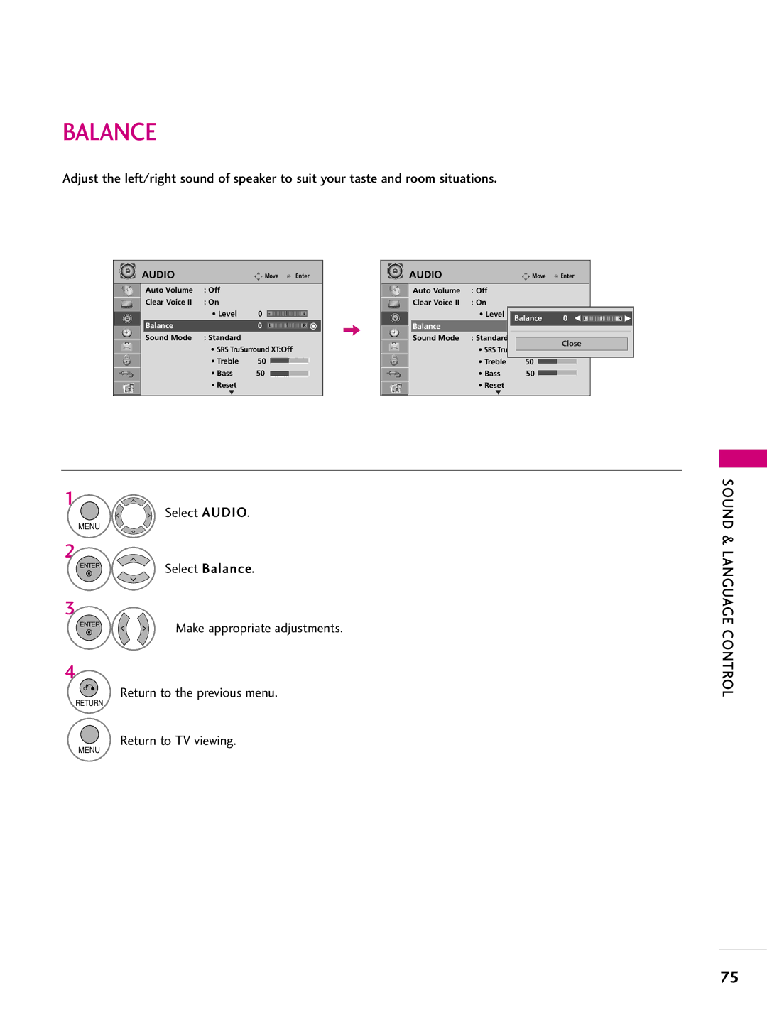 LG Electronics 50PS60C, 42PQ10, 42PQ31, 42PQ30C, 50PQ30C, 50PQ31, 50PQ10, 50PS10, 60PS10, 60PS60C owner manual Balance 