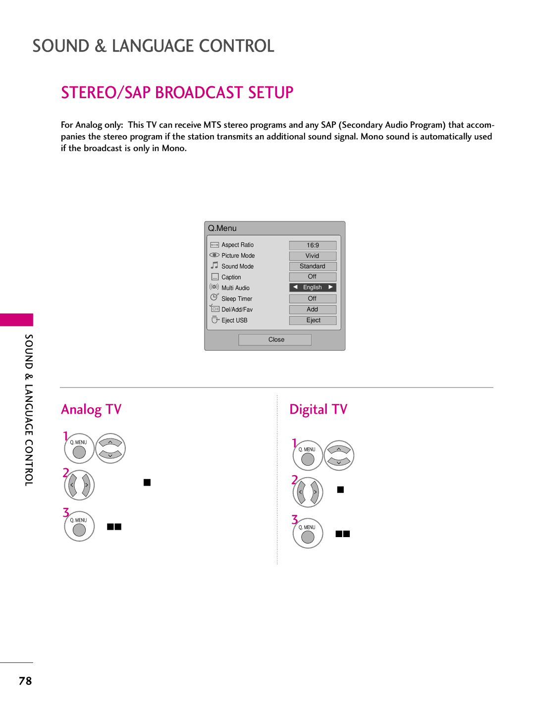 LG Electronics 42PQ10, 42PQ31, 42PQ30C, 50PQ30C, 50PQ31 STEREO/SAP Broadcast Setup, Analog TV, Digital TV, Language Control 