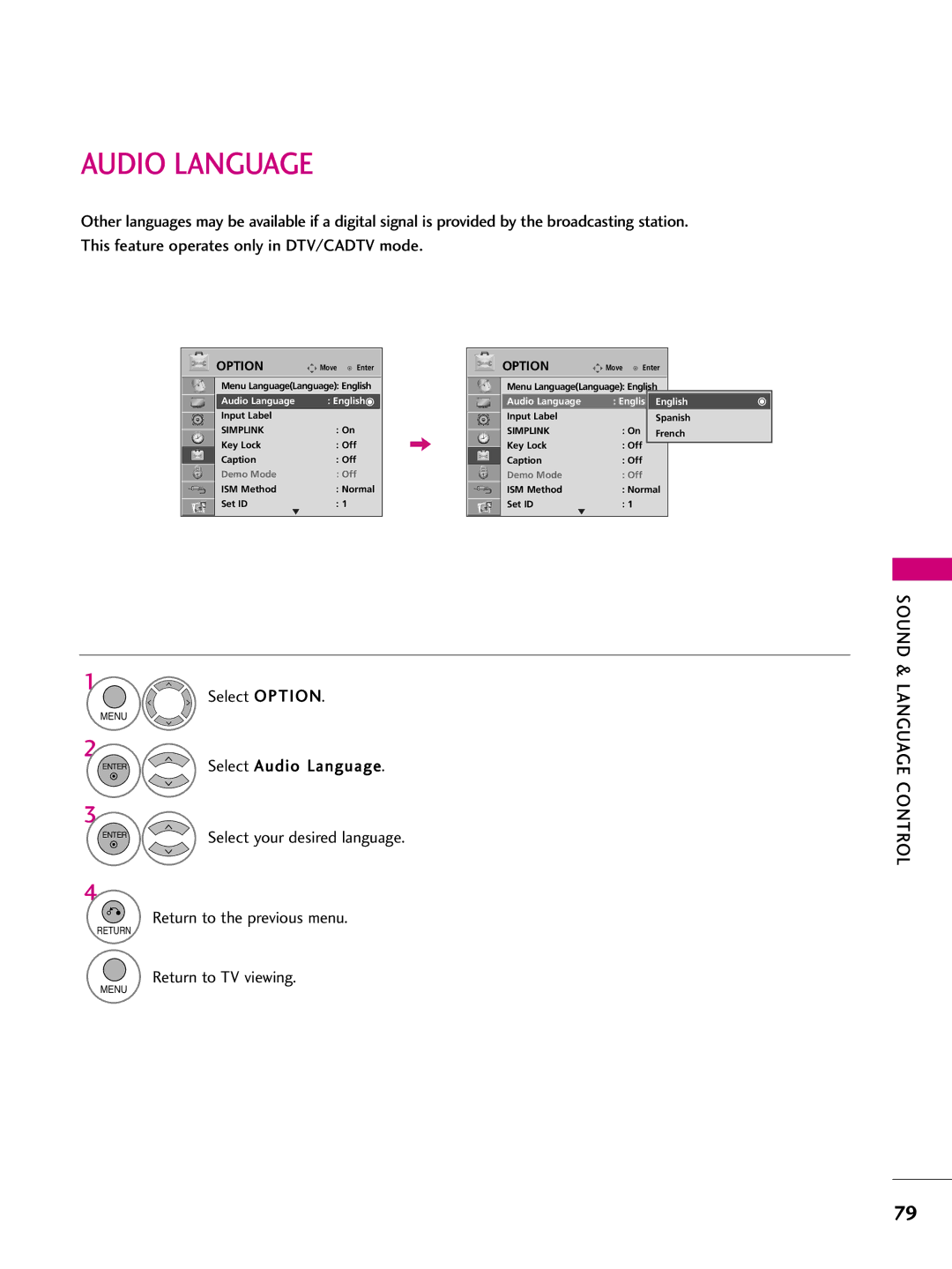 LG Electronics 42PQ31, 42PQ10, 42PQ30C, 50PQ30C, 50PQ31, 50PQ10, 50PS10, 50PS60C, 60PS10, 60PS60C Audio Language English 