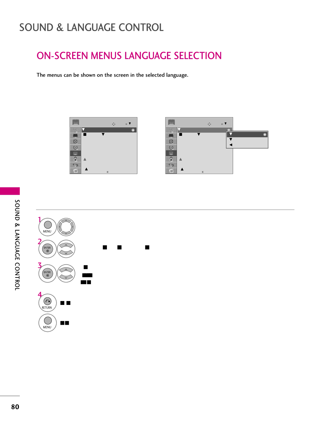 LG Electronics 42PQ30C ON-SCREEN Menus Language Selection, Menus can be shown on the screen in the selected language 