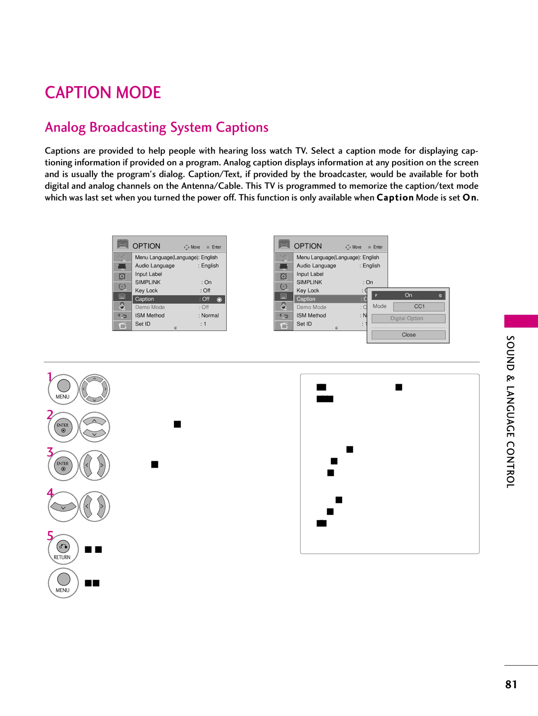 LG Electronics 50PQ30C, 42PQ10, 42PQ31, 42PQ30C, 50PQ31, 50PQ10, 50PS10 Caption Mode, Analog Broadcasting System Captions, Text 