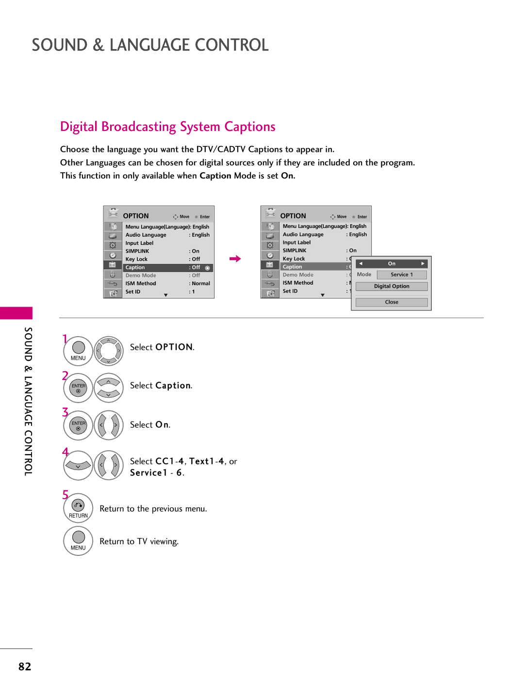 LG Electronics 50PQ31, 42PQ10, 42PQ31, 42PQ30C, 50PQ30C, 50PQ10, 50PS10 Digital Broadcasting System Captions, Select Option 