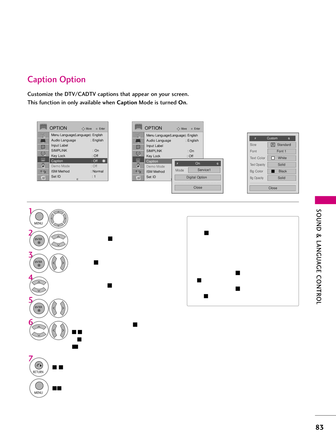 LG Electronics 50PQ10, 42PQ10, 42PQ31, 42PQ30C, 50PQ30C, 50PQ31, 50PS10, 50PS60C, 60PS10, 60PS60C Caption Option, Custom 