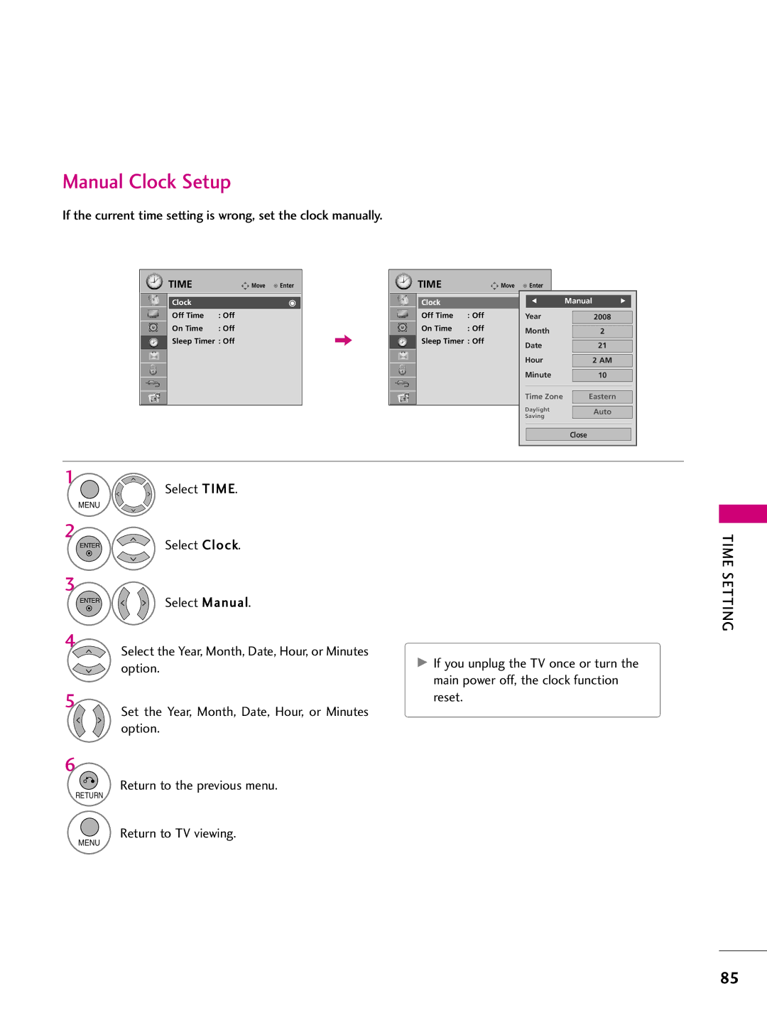 LG Electronics 50PS60C, 42PQ10, 42PQ31, 42PQ30C Manual Clock Setup, Set the Year, Month, Date, Hour, or Minutes option 