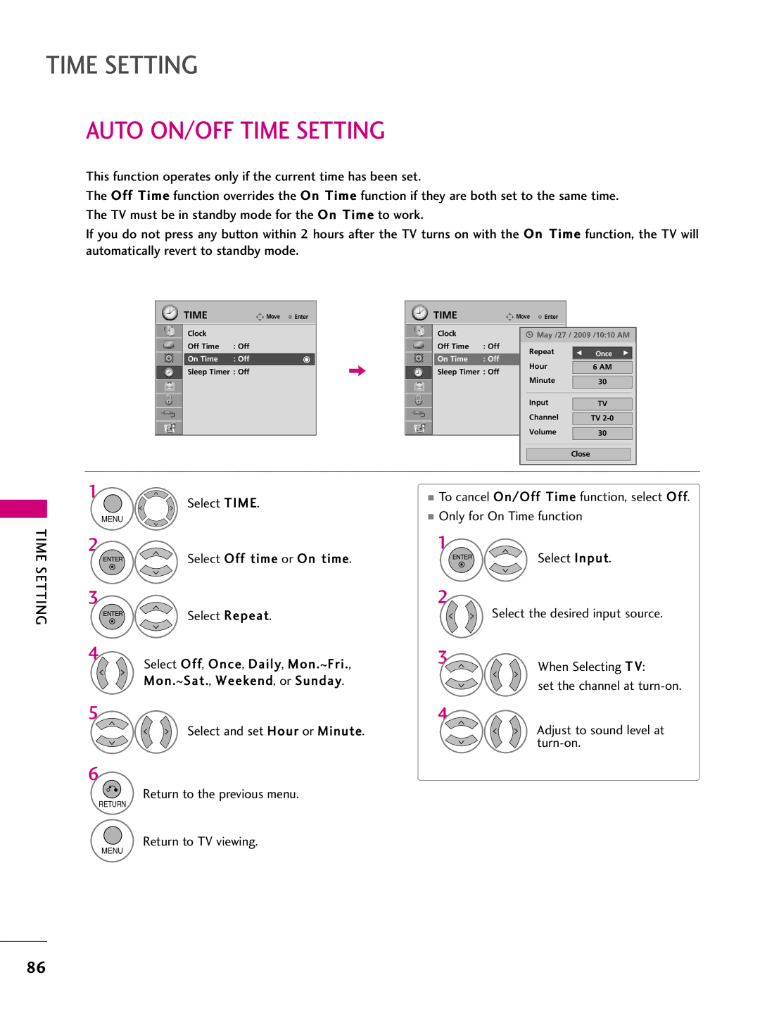 LG Electronics 60PS10 Auto ON/OFF Time Setting, Select Time, Only for On Time function, Select Off time or On Time 