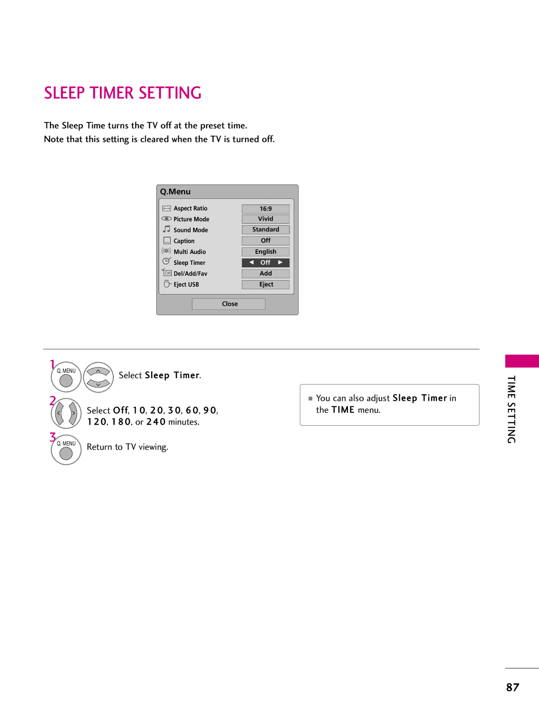 LG Electronics 60PS60C, 42PQ10 Sleep Timer Setting, Sleep Time turns the TV off at the preset time, Select Sleep Timer 