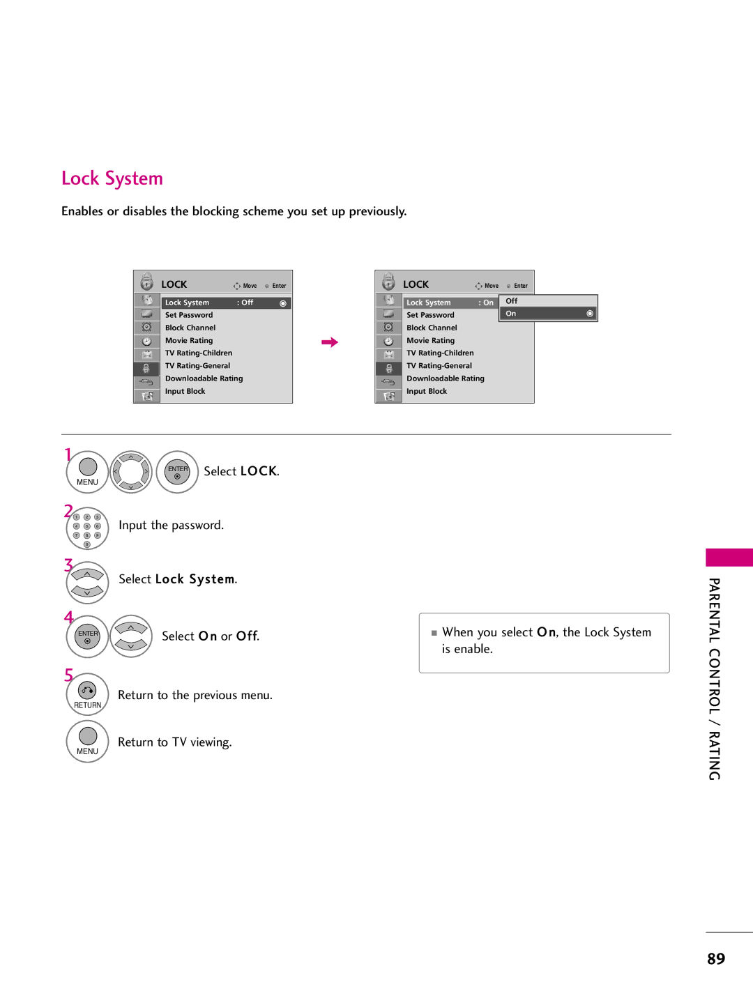 LG Electronics 42PQ31, 42PQ10 Select Lock System, Is enable Return to the previous menu, Parental Control / Rating 