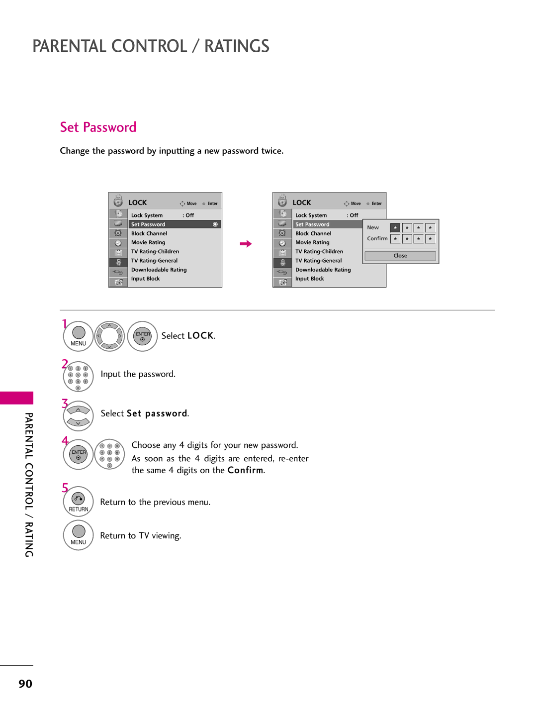 LG Electronics 42PQ30C Parental Control / Ratings, Set Password, Change the password by inputting a new password twice 