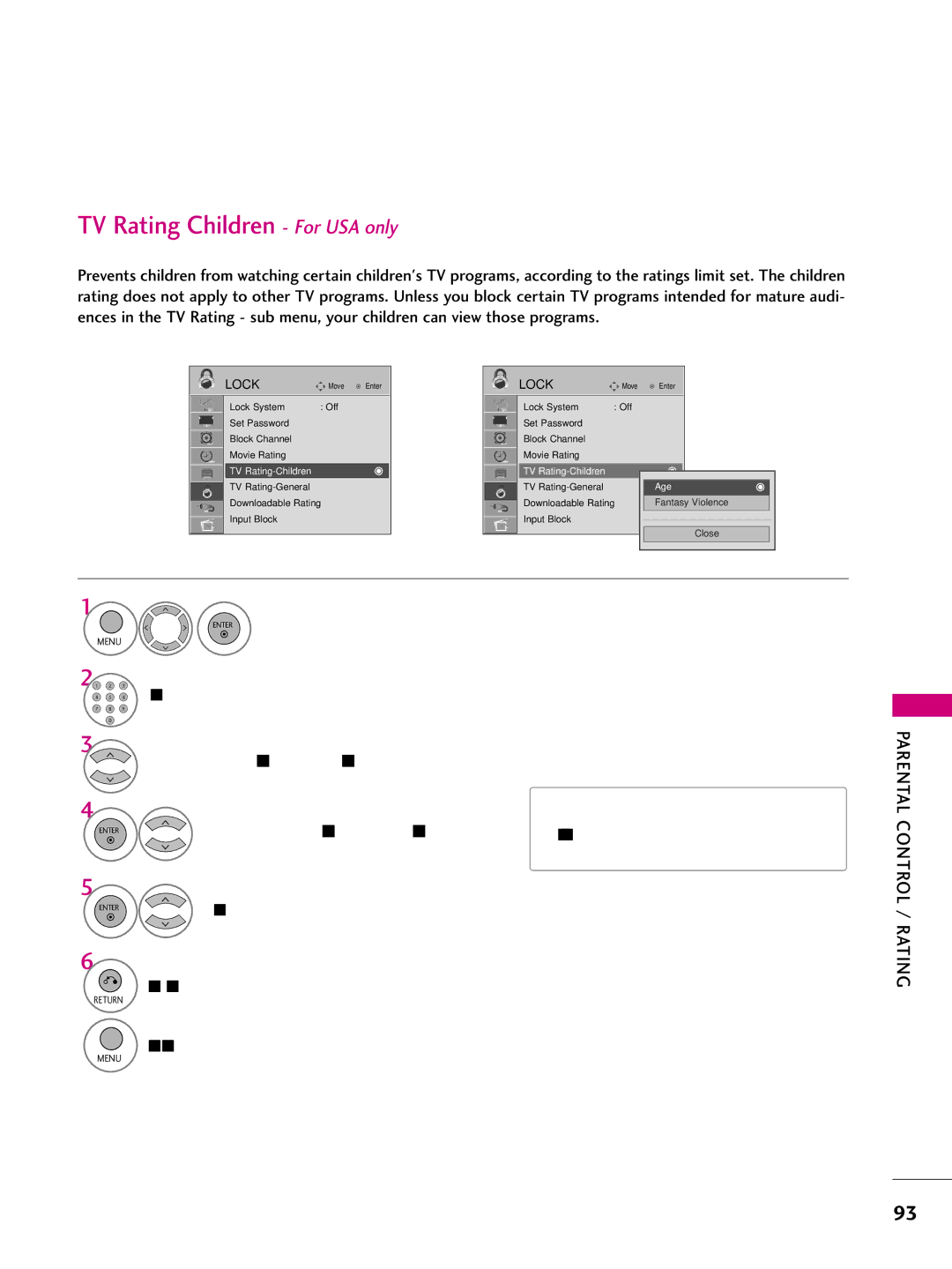 LG Electronics 50PQ10, 42PQ10, 42PQ31 TV Rating Children For USA only, Select TV Rating-Children Age applies to TV-Y, TV-Y7 