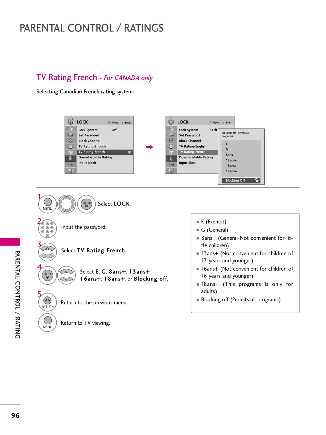 LG Electronics 60PS10, 42PQ10 TV Rating French For Canada only, Selecting Canadian French rating system, TV Rating-French 