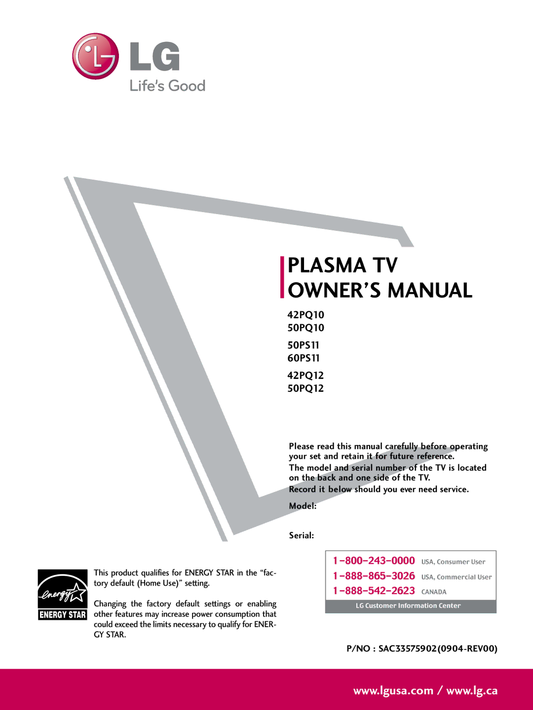 LG Electronics owner manual 42PQ10 50PQ10 50PS11 60PS11 42PQ12 50PQ12 