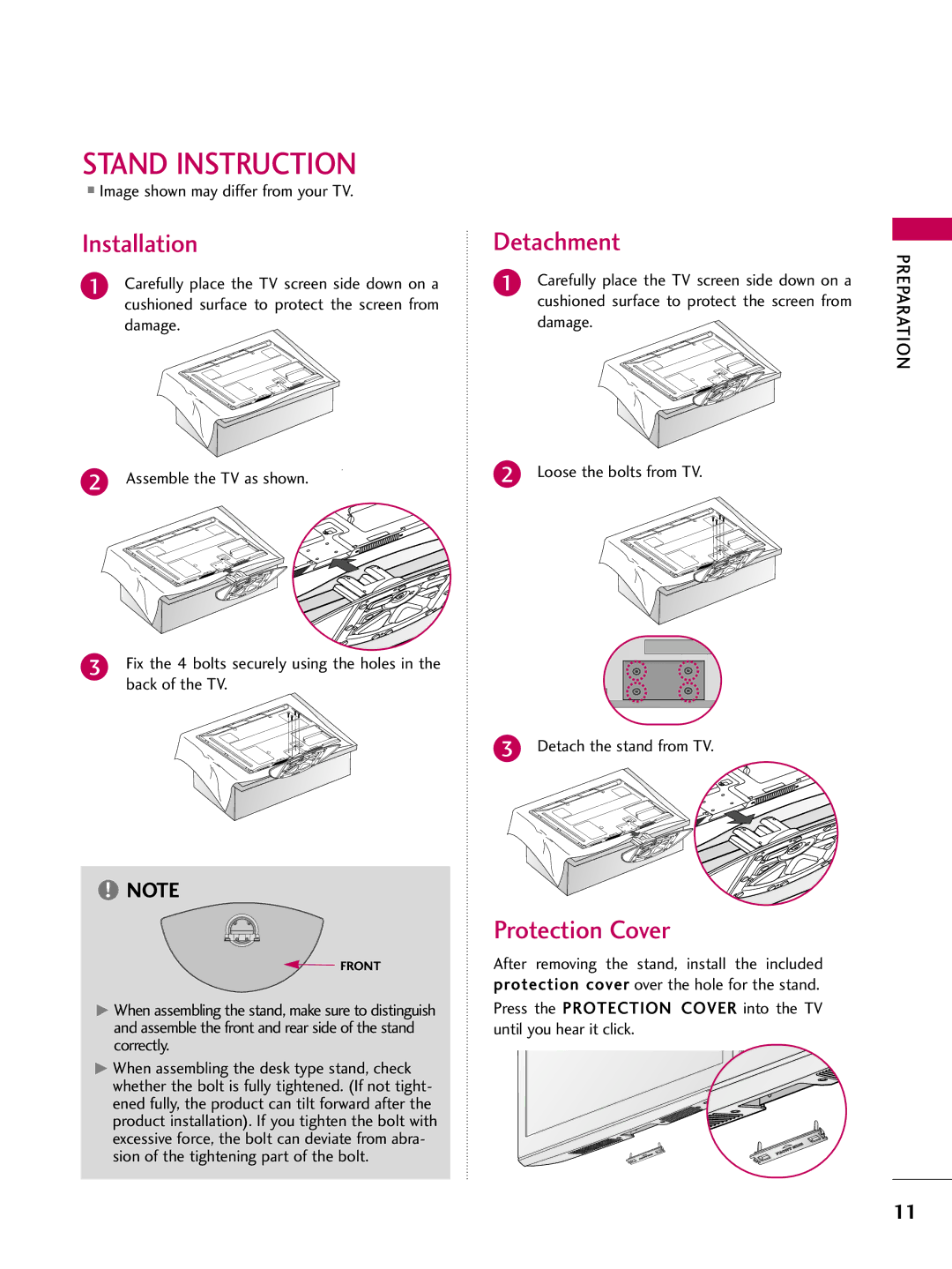 LG Electronics 50PQ12 Stand Instruction, Installation, Detachment, Protection Cover, Image shown may differ from your TV 