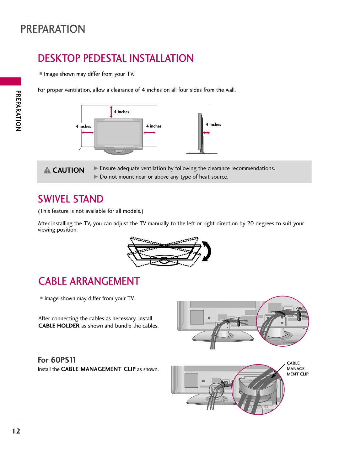 LG Electronics 42PQ12, 50PQ12 owner manual Desktop Pedestal Installation, Swivel Stand, Cable Arrangement 