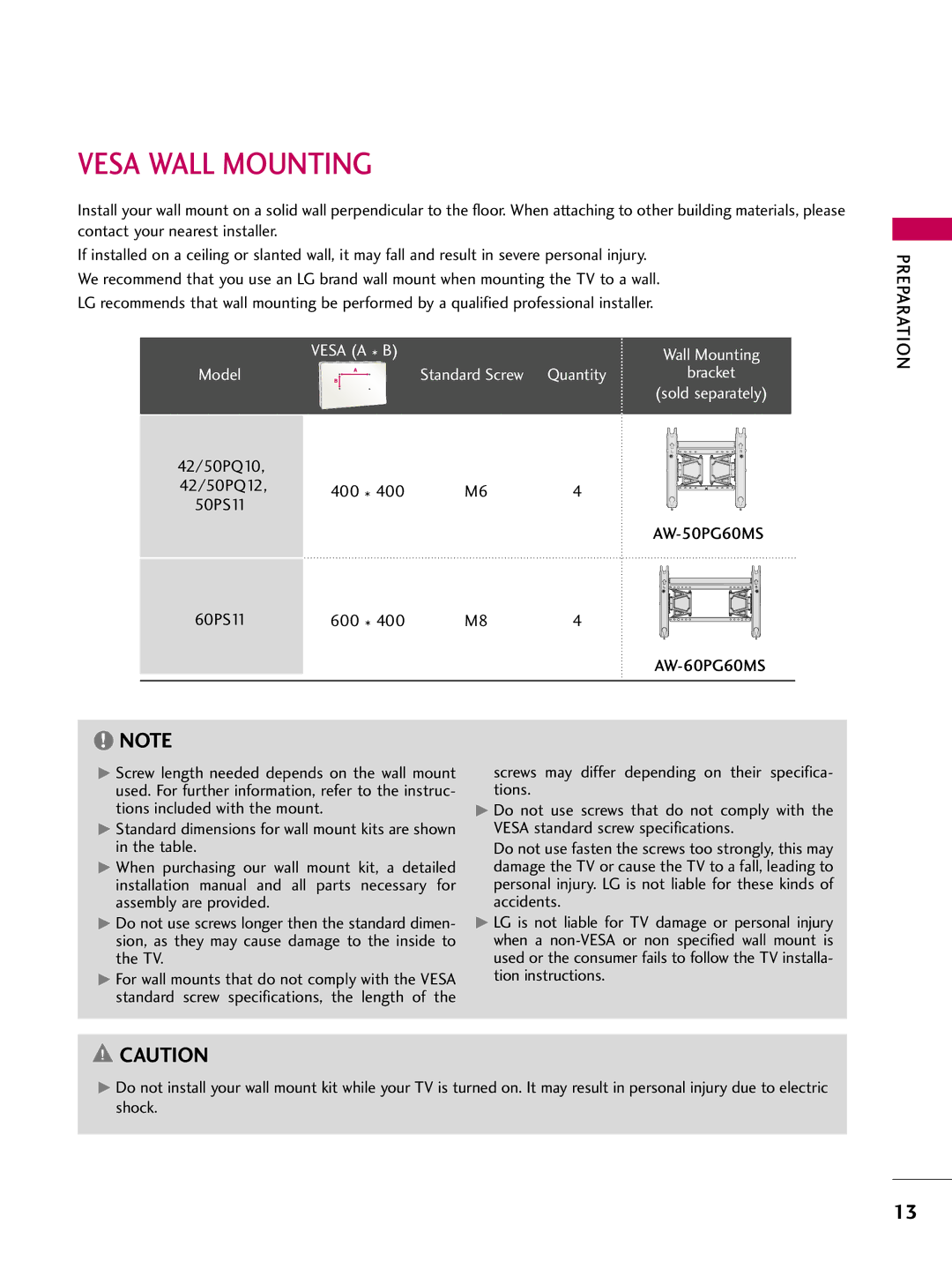 LG Electronics 50PQ12, 42PQ12 owner manual Vesa Wall Mounting, 60PS11 600, AW-60PG60MS Preparation 