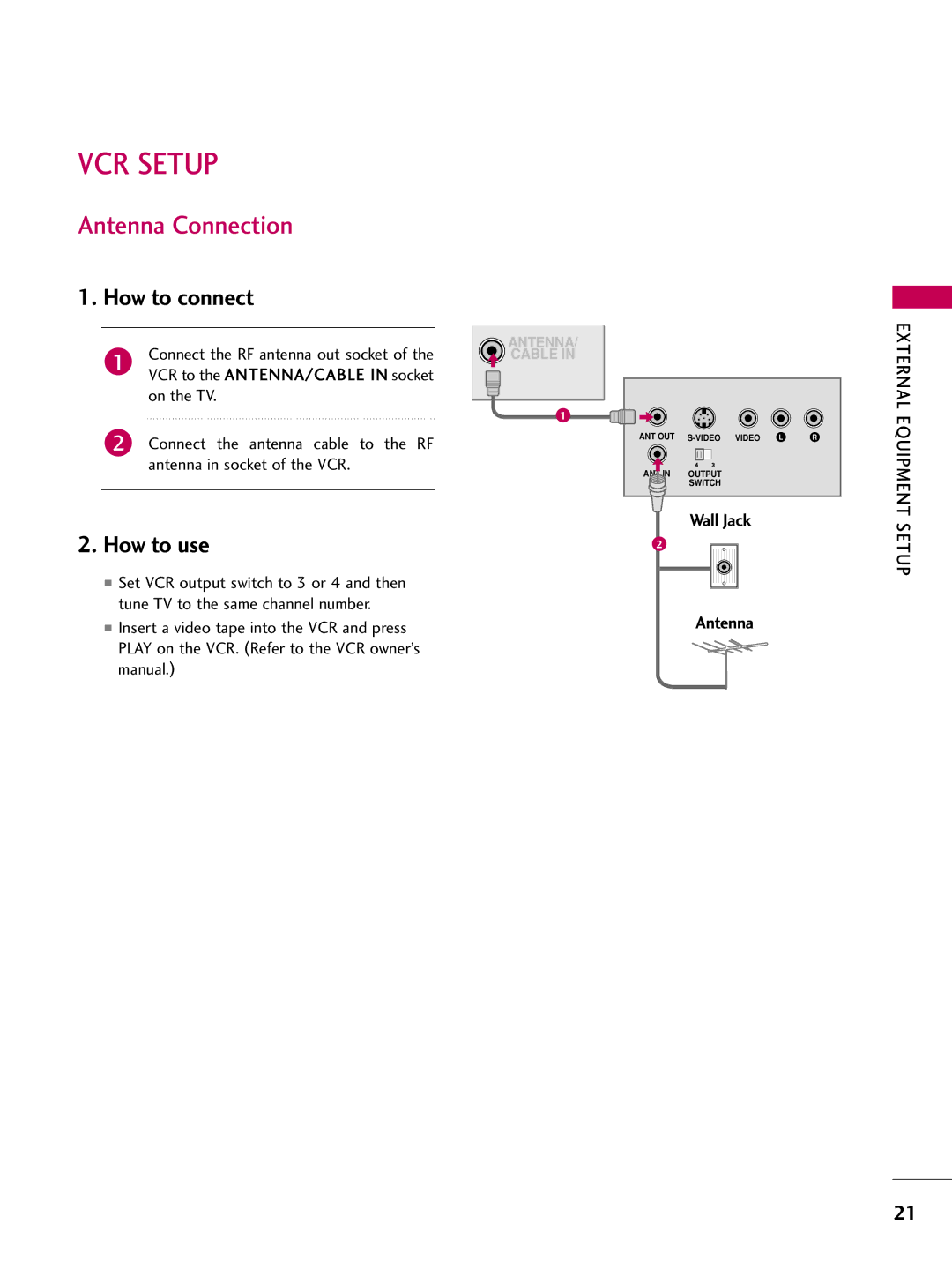 LG Electronics 50PQ12, 42PQ12 owner manual VCR Setup, Antenna Connection 