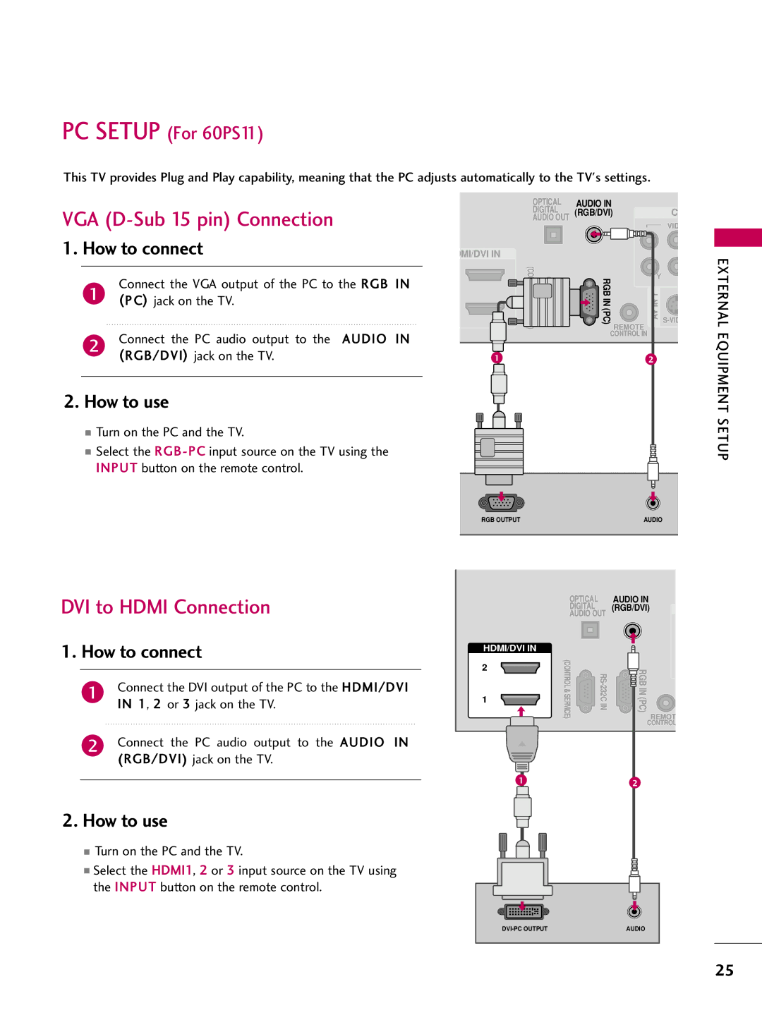 LG Electronics 50PQ12 DVI to Hdmi Connection, Jack on the TV, Audio, Connect the PC audio output to RGB/DVI jack on the TV 