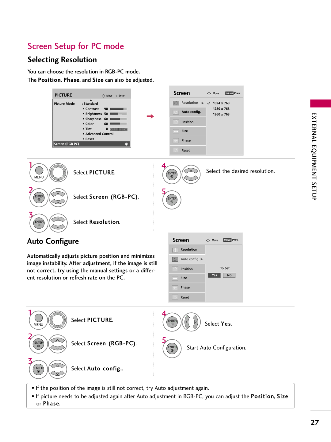 LG Electronics 50PQ12, 42PQ12 Screen Setup for PC mode, Selecting Resolution, Auto Configure, External, Equipment Setup 