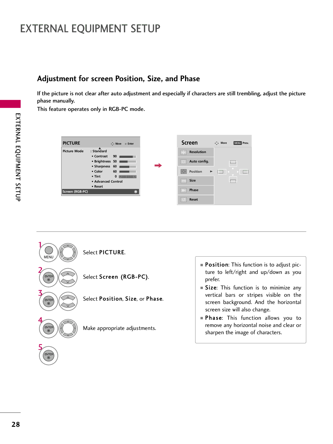 LG Electronics 42PQ12, 50PQ12 owner manual Adjustment for screen Position, Size, and Phase, External Equipment Setup 