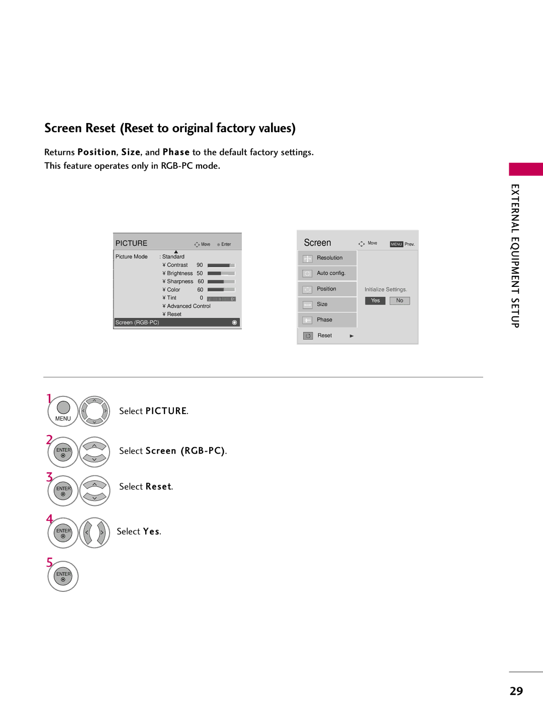 LG Electronics 50PQ12, 42PQ12 owner manual Screen Reset Reset to original factory values, Select Picture, Enter Select Reset 