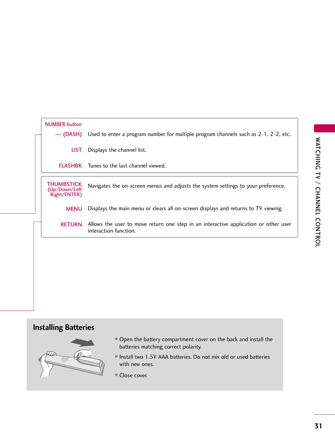 LG Electronics 50PQ12, 42PQ12 owner manual Installing Batteries, Watching TV / Channel Control 