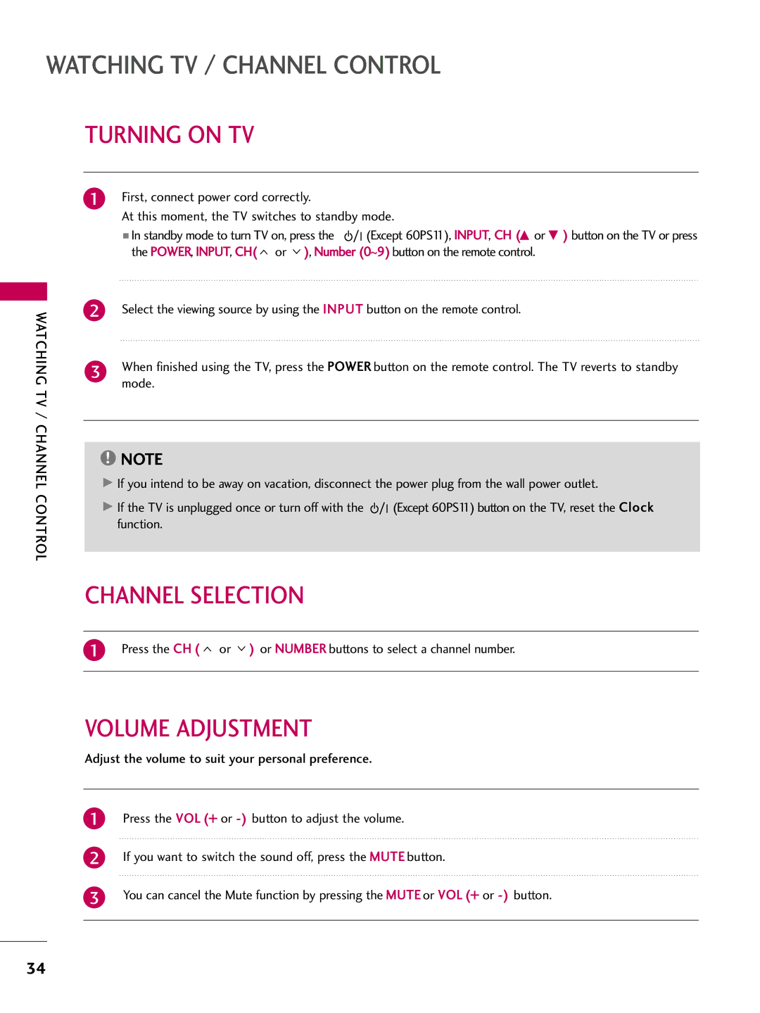 LG Electronics 42PQ12, 50PQ12 owner manual Turning on TV, Channel Selection, Volume Adjustment 